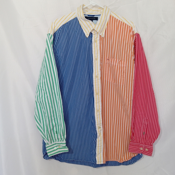 Tommy Hilfiger Other - Tommy Hilfiger Mens XL Colorblock Stripe Button Up Shirt 2 Ply Cotton Y2K 90s